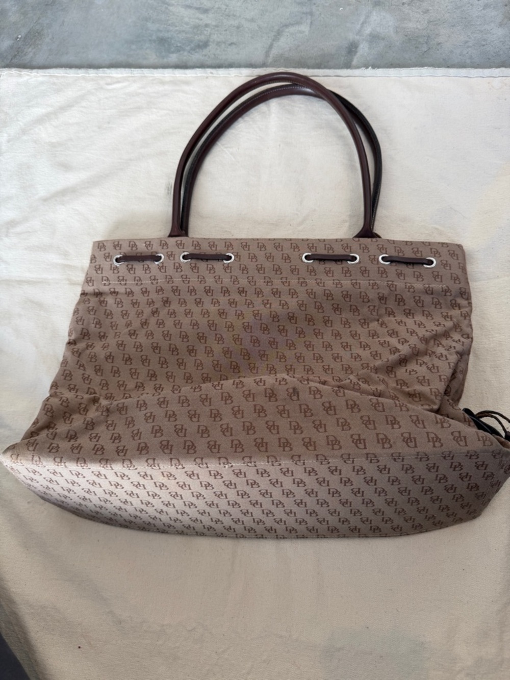 Dooney & Bourke Beige Monogram Tote with Brown Leather Handles - Picture 2 of 13